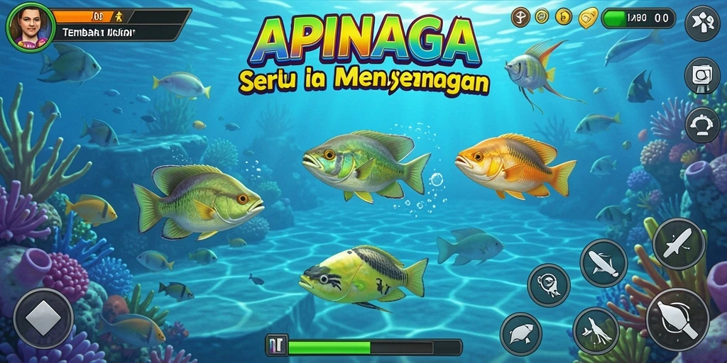 Screenshot APINAGA menampilkan aksi menembak ikan yang seru.