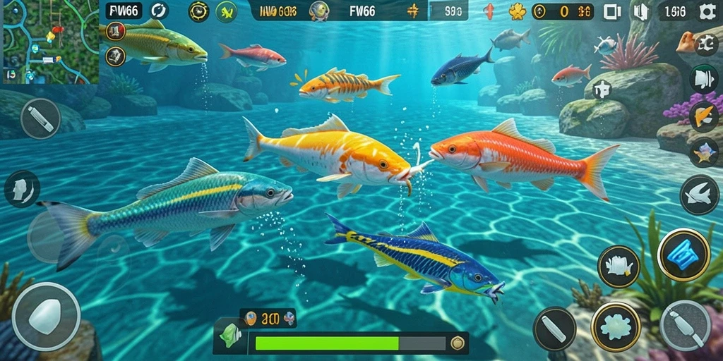 Screenshot gameplay FW66 menampilkan aksi seru menangkap ikan.