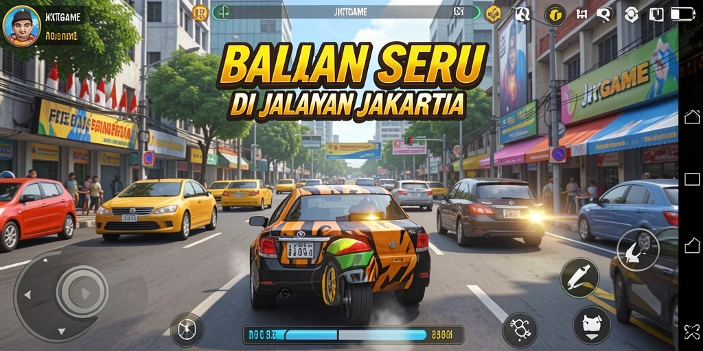 Tangkapan layar gameplay JKTGAME yang menunjukkan balapan di jalanan Jakarta.