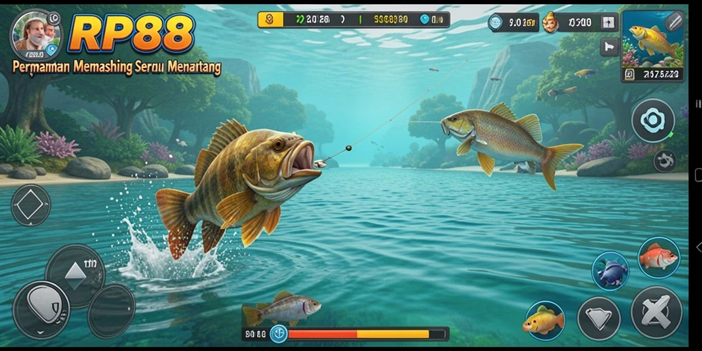 Screenshot gameplay RP888 menampilkan aksi seru memancing di laut.